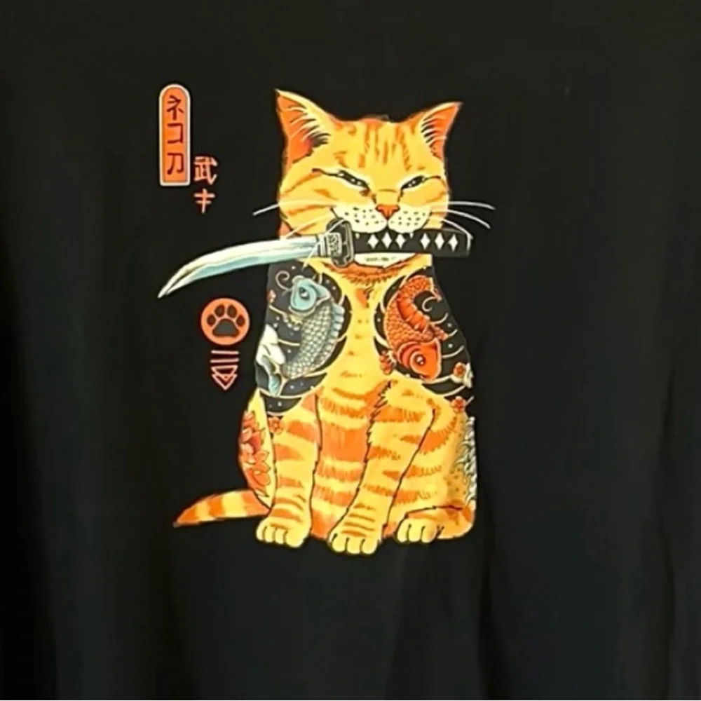 Samurai Tabby Cat Knife Koi Fish Black Graphic Men's Short Sleeve Tee Unisex Med - Picture 3 of 8